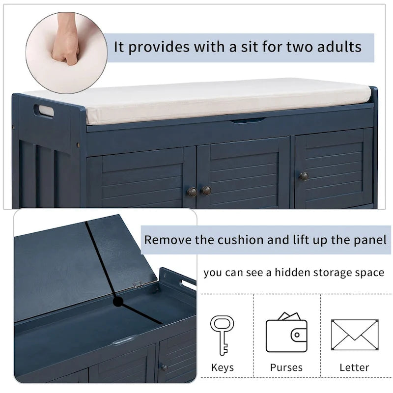 Storage Bench with Shutter Doors, Removable Cushion & Hidden Storage