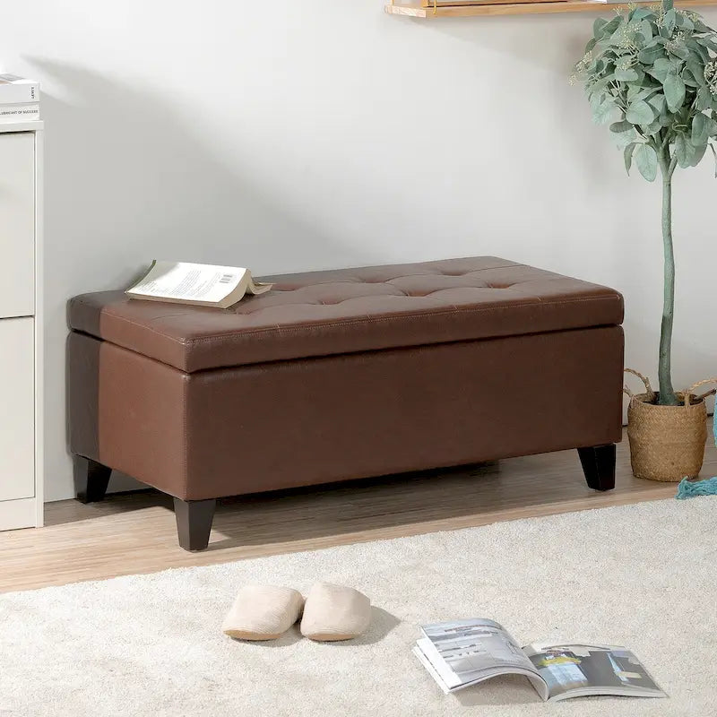 Storage Ottoman with Wooden Legs & Faux Leather Top
