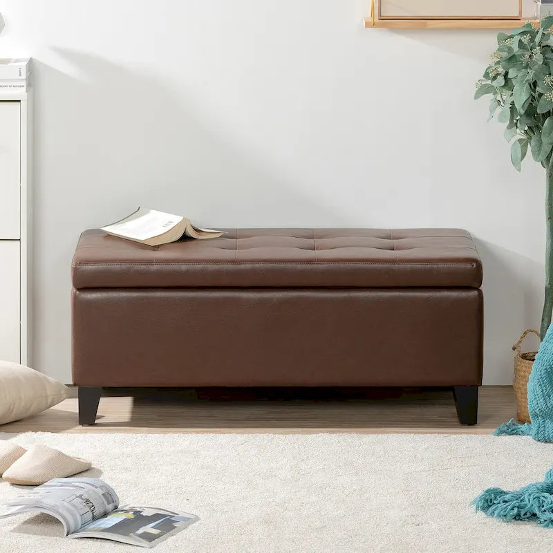 Storage Ottoman with Wooden Legs & Faux Leather Top
