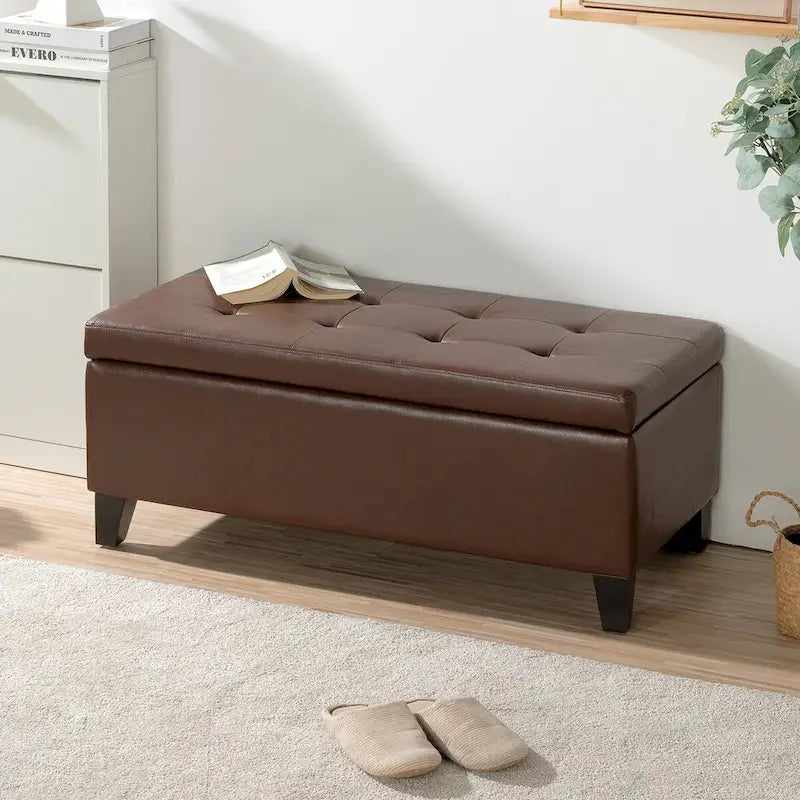 Storage Ottoman with Wooden Legs & Faux Leather Top