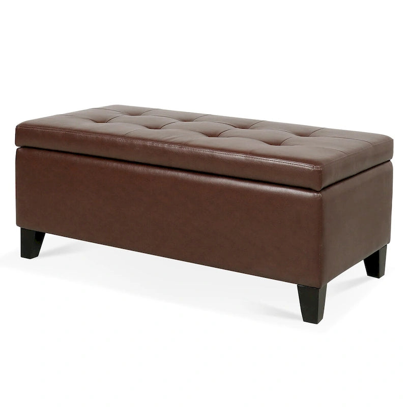 Storage Ottoman with Wooden Legs & Faux Leather Top