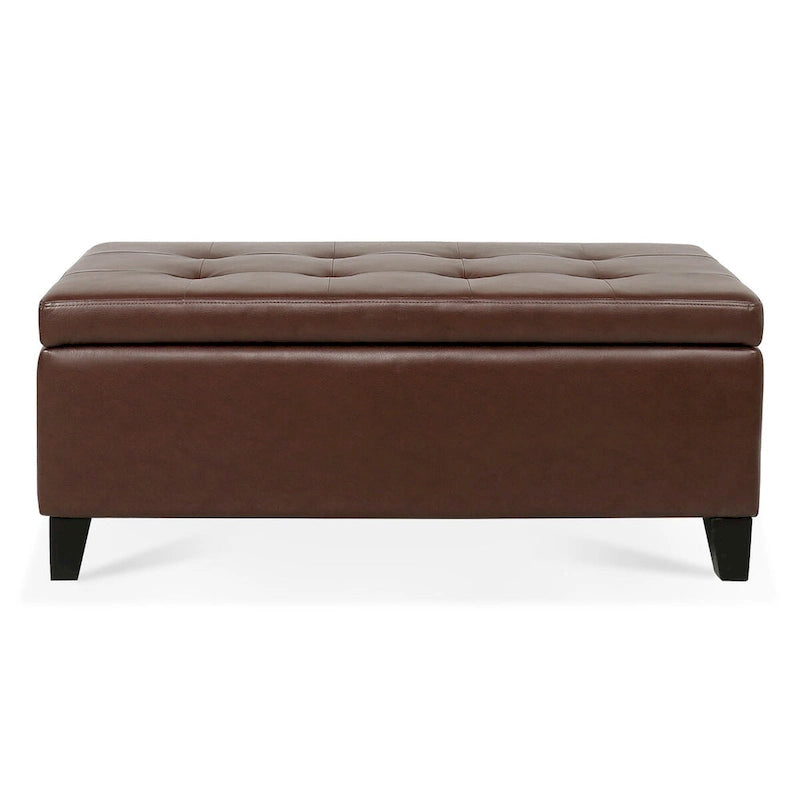Storage Ottoman with Wooden Legs & Faux Leather Top