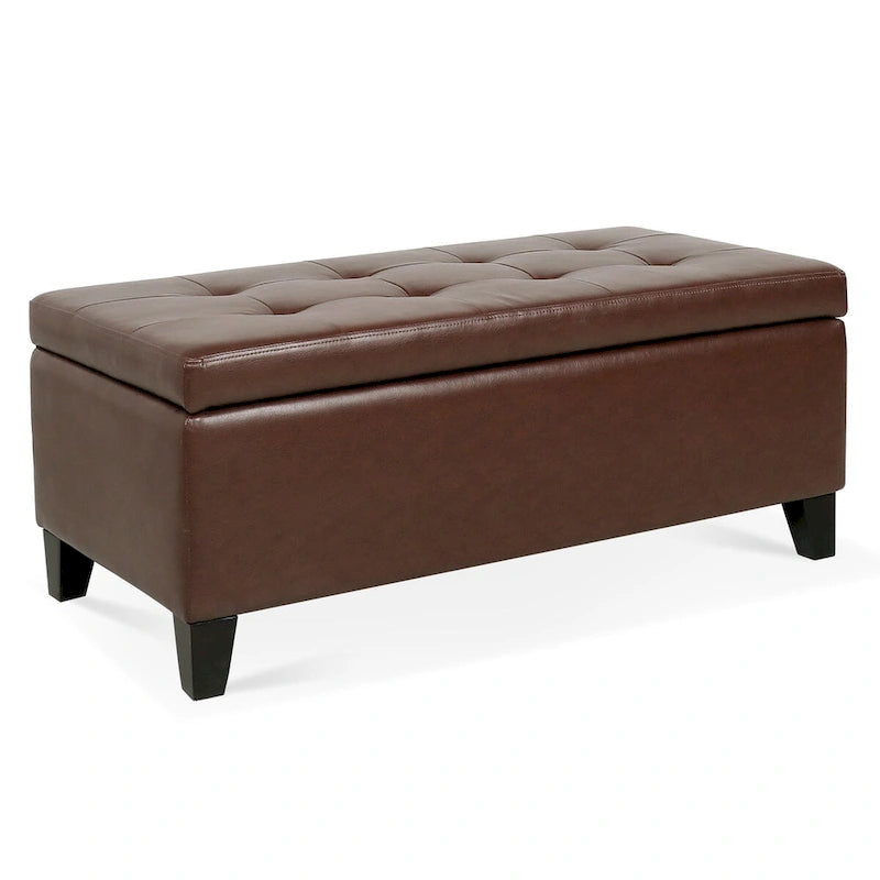 Storage Ottoman with Wooden Legs & Faux Leather Top