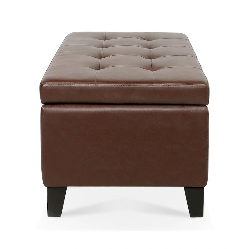 Storage Ottoman with Wooden Legs & Faux Leather Top