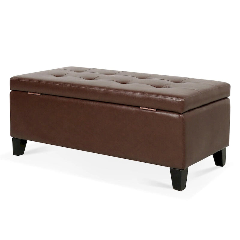 Storage Ottoman with Wooden Legs & Faux Leather Top
