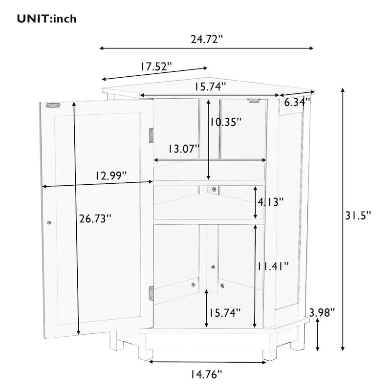 Meuble d'angle de salle de bain triangulaire avec étagère - 17,5" x 17,5" x 31,4"
