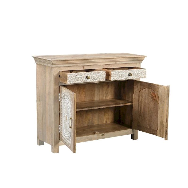 Buffet en bois massif sculpté 2 tiroirs 2 portes
