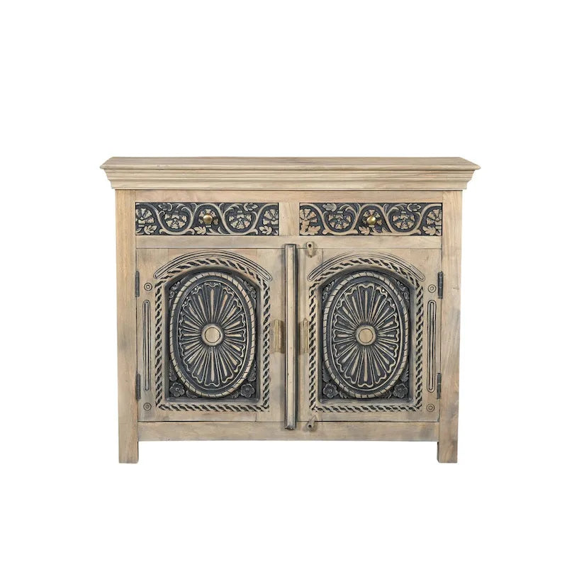 Buffet en bois massif sculpté 2 tiroirs 2 portes