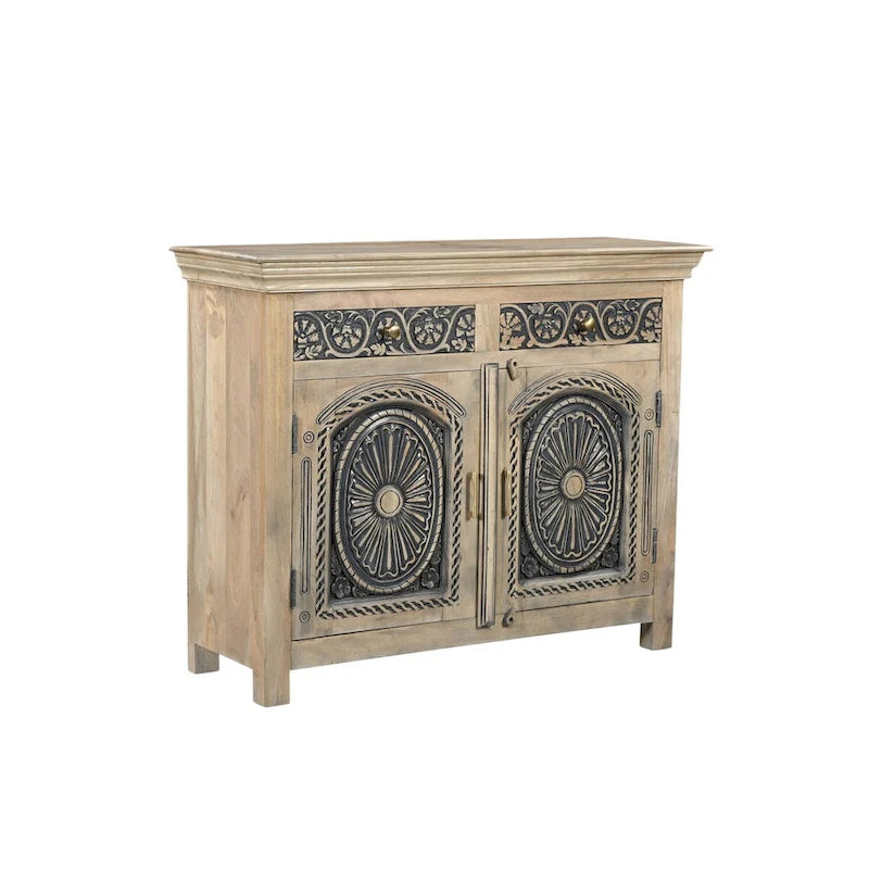 Buffet en bois massif sculpté 2 tiroirs 2 portes