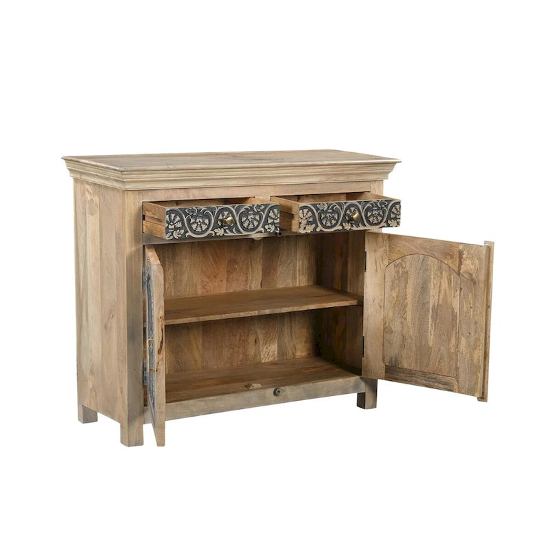 Buffet en bois massif sculpté 2 tiroirs 2 portes