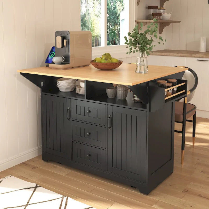 Kitchen Island with 2 Drop Leaf, Rolling Cart on 5 Wheels, Power Outlet, Folding Dining Table, Spice & Towel Rack, 3 Drawers