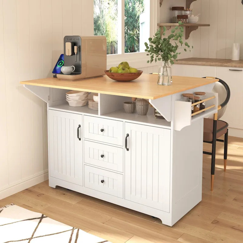 Kitchen Island with 2 Drop Leaf, Rolling Cart on 5 Wheels, Power Outlet, Folding Dining Table, Spice & Towel Rack, 3 Drawers