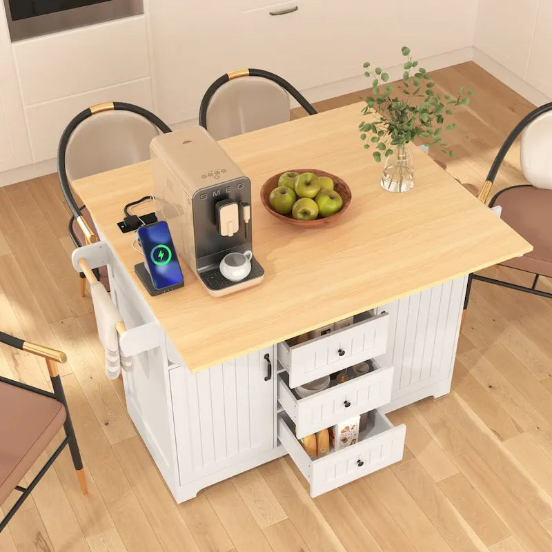 Kitchen Island with 2 Drop Leaf, Rolling Cart on 5 Wheels, Power Outlet, Folding Dining Table, Spice & Towel Rack, 3 Drawers