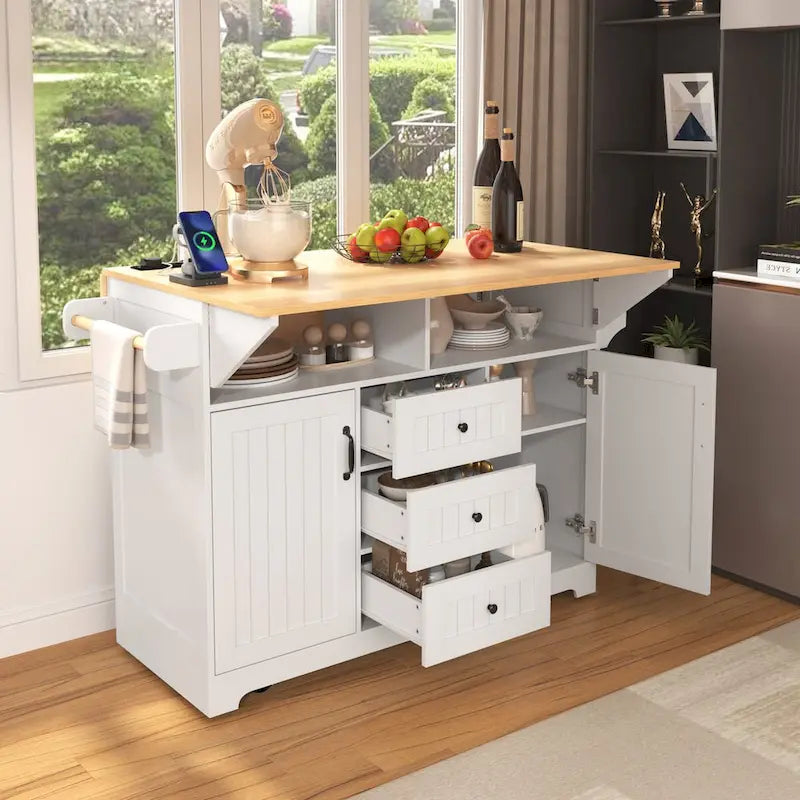 Kitchen Island with 2 Drop Leaf, Rolling Cart on 5 Wheels, Power Outlet, Folding Dining Table, Spice & Towel Rack, 3 Drawers