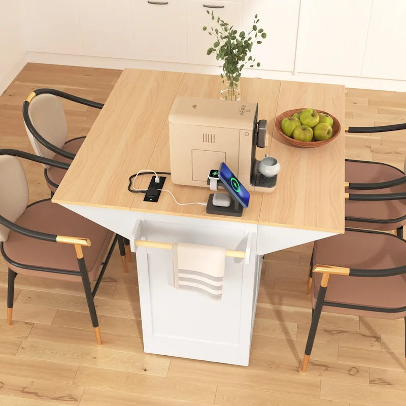 Kitchen Island with 2 Drop Leaf, Rolling Cart on 5 Wheels, Power Outlet, Folding Dining Table, Spice & Towel Rack, 3 Drawers