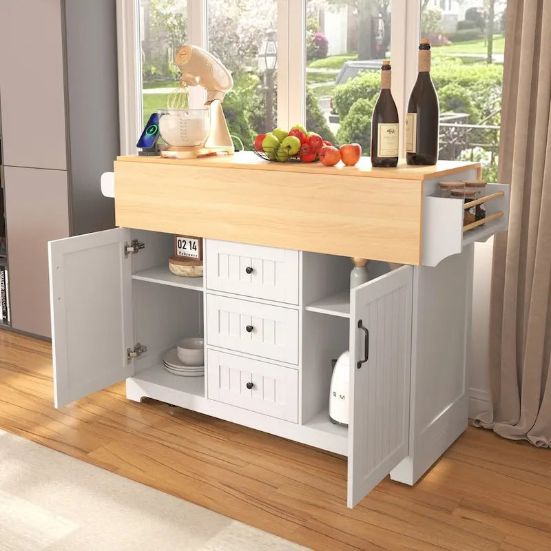 Kitchen Island with 2 Drop Leaf, Rolling Cart on 5 Wheels, Power Outlet, Folding Dining Table, Spice & Towel Rack, 3 Drawers