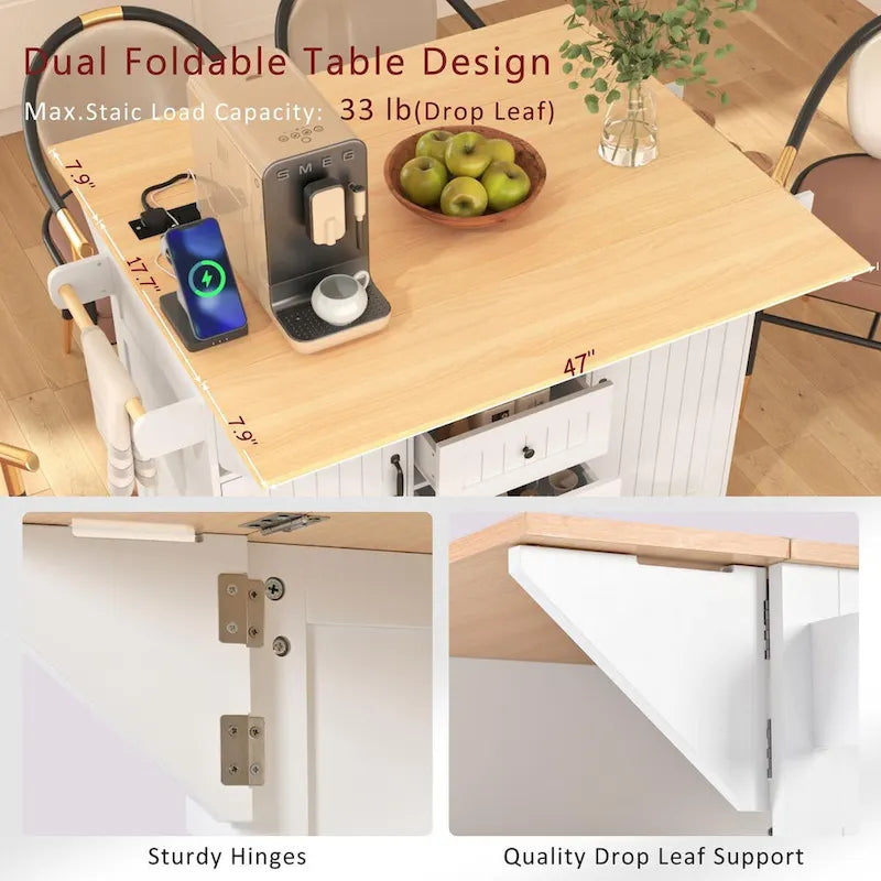 Kitchen Island with 2 Drop Leaf, Rolling Cart on 5 Wheels, Power Outlet, Folding Dining Table, Spice & Towel Rack, 3 Drawers