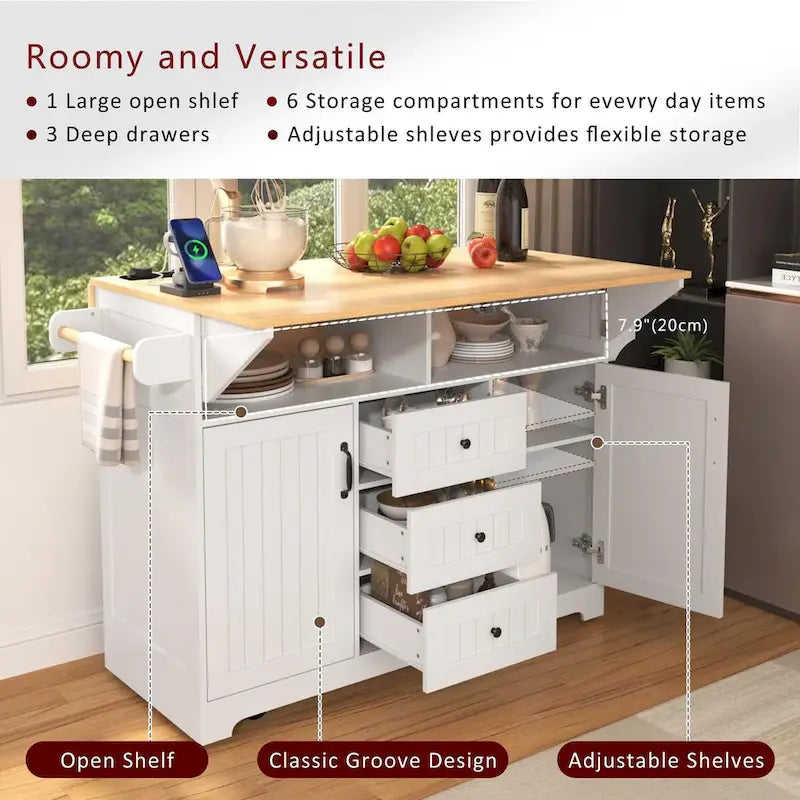 Kitchen Island with 2 Drop Leaf, Rolling Cart on 5 Wheels, Power Outlet, Folding Dining Table, Spice & Towel Rack, 3 Drawers