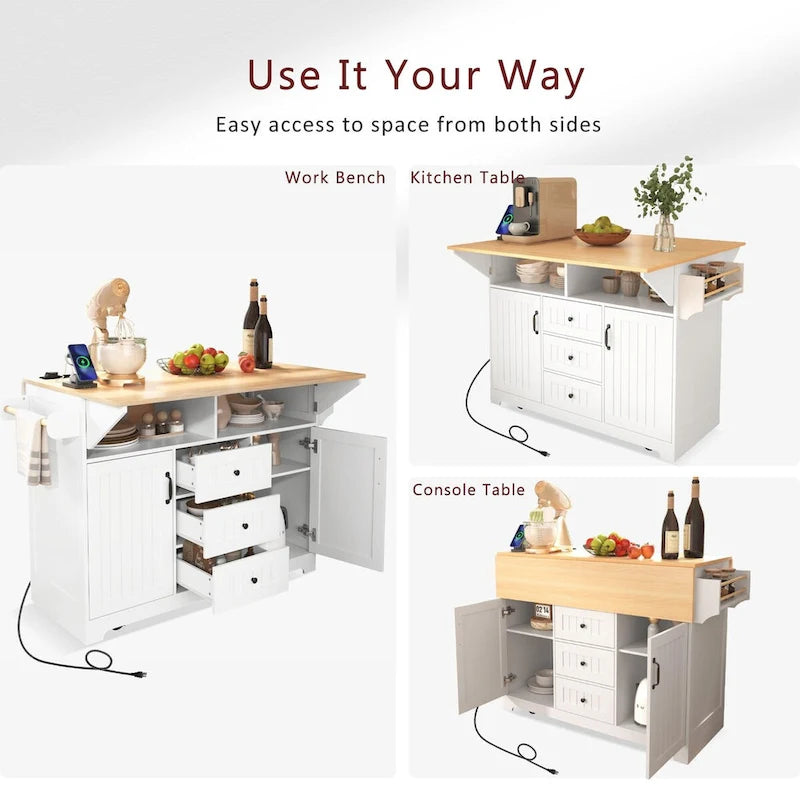 Kitchen Island with 2 Drop Leaf, Rolling Cart on 5 Wheels, Power Outlet, Folding Dining Table, Spice & Towel Rack, 3 Drawers
