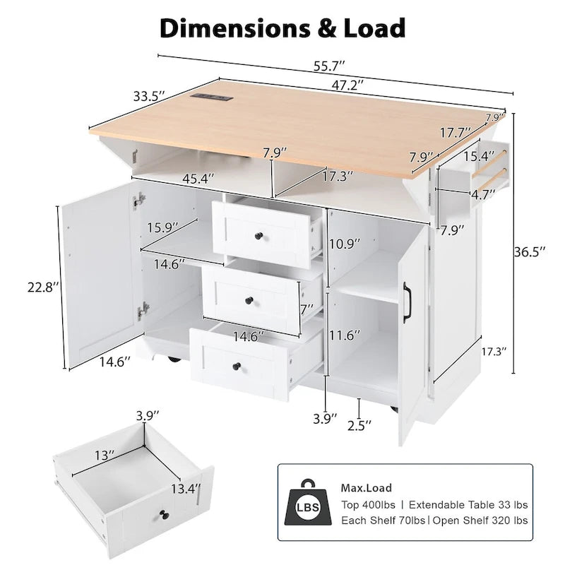 Kitchen Island with 2 Drop Leaf, Rolling Cart on 5 Wheels, Power Outlet, Folding Dining Table, Spice & Towel Rack, 3 Drawers
