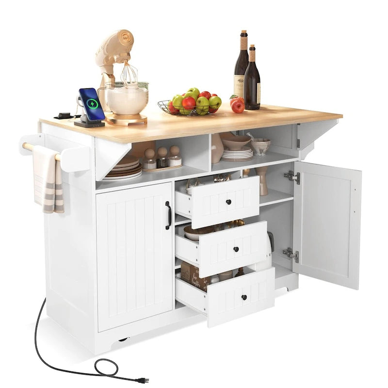 Kitchen Island with 2 Drop Leaf, Rolling Cart on 5 Wheels, Power Outlet, Folding Dining Table, Spice & Towel Rack, 3 Drawers