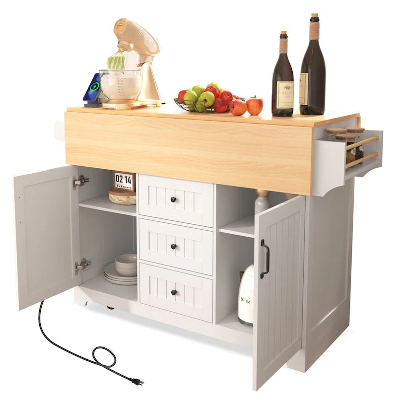 Kitchen Island with 2 Drop Leaf, Rolling Cart on 5 Wheels, Power Outlet, Folding Dining Table, Spice & Towel Rack, 3 Drawers