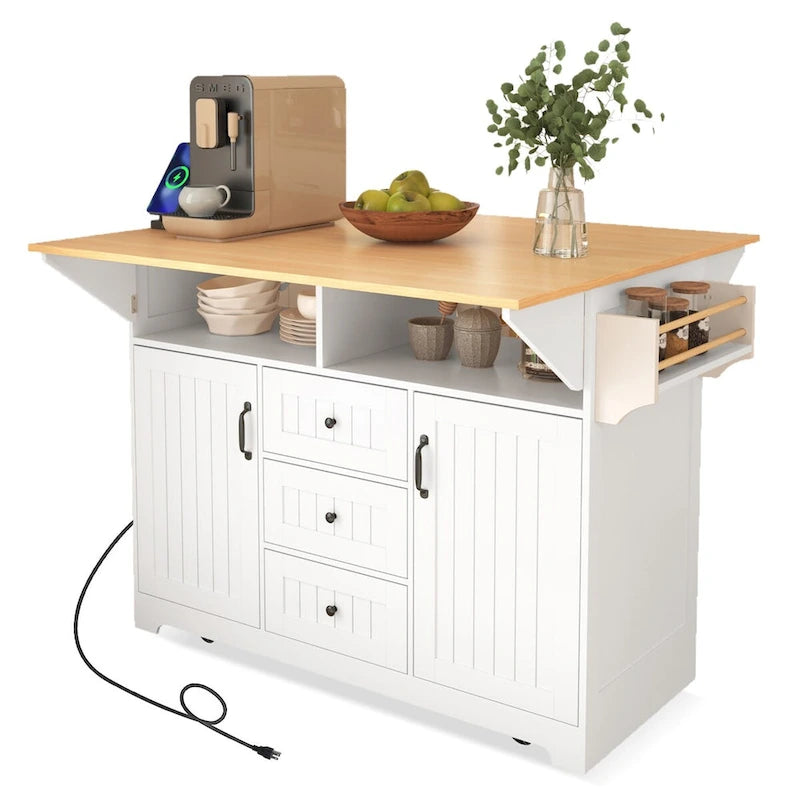 Kitchen Island with 2 Drop Leaf, Rolling Cart on 5 Wheels, Power Outlet, Folding Dining Table, Spice & Towel Rack, 3 Drawers