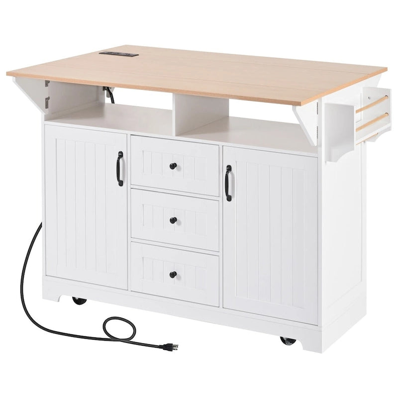 Kitchen Island with 2 Drop Leaf, Rolling Cart on 5 Wheels, Power Outlet, Folding Dining Table, Spice & Towel Rack, 3 Drawers