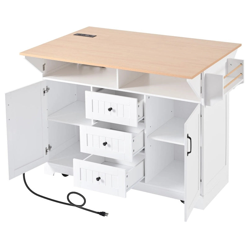 Kitchen Island with 2 Drop Leaf, Rolling Cart on 5 Wheels, Power Outlet, Folding Dining Table, Spice & Towel Rack, 3 Drawers