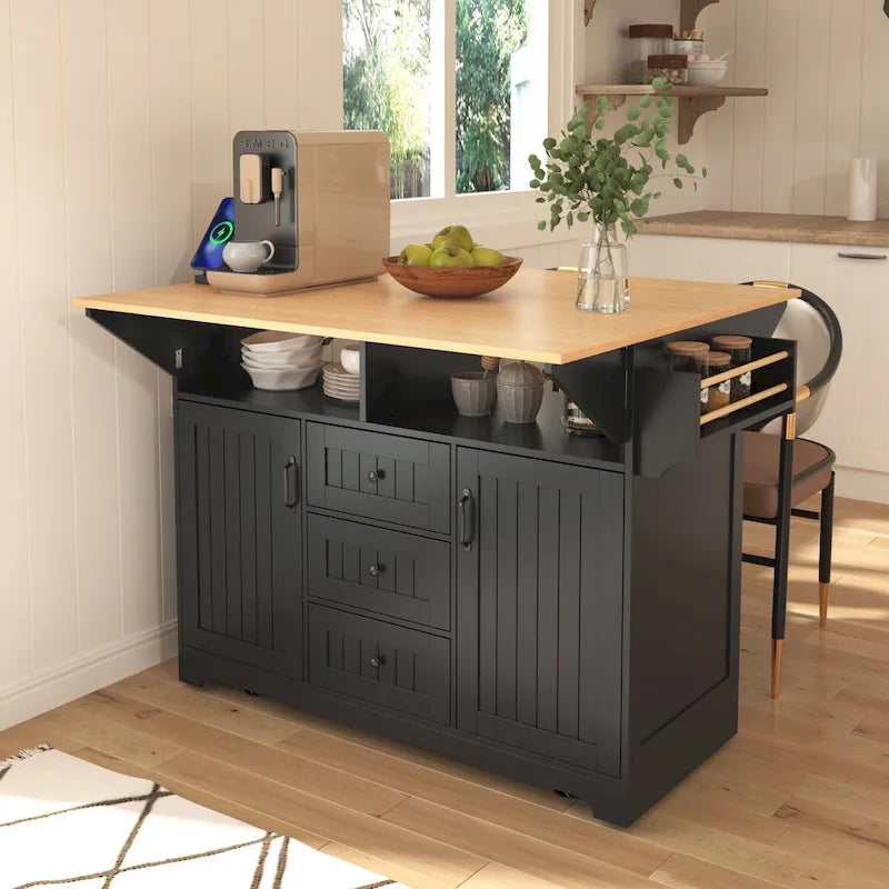 Kitchen Island with 2 Drop Leaf, Rolling Cart on 5 Wheels, Power Outlet, Folding Dining Table, Spice & Towel Rack, 3 Drawers