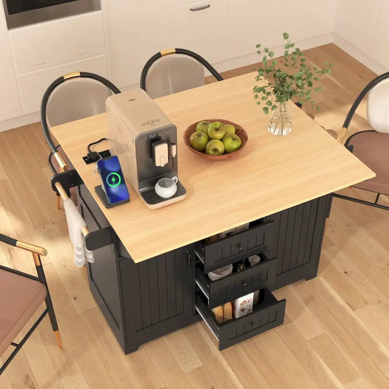 Kitchen Island with 2 Drop Leaf, Rolling Cart on 5 Wheels, Power Outlet, Folding Dining Table, Spice & Towel Rack, 3 Drawers