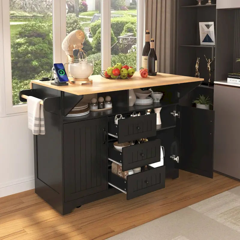 Kitchen Island with 2 Drop Leaf, Rolling Cart on 5 Wheels, Power Outlet, Folding Dining Table, Spice & Towel Rack, 3 Drawers