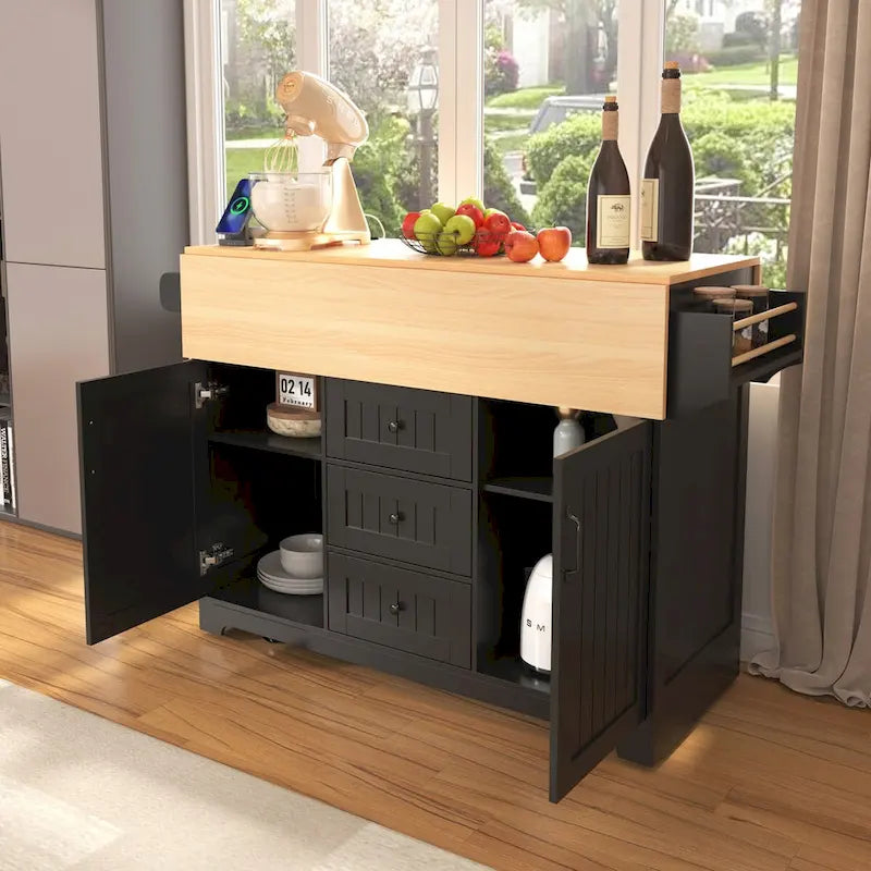 Kitchen Island with 2 Drop Leaf, Rolling Cart on 5 Wheels, Power Outlet, Folding Dining Table, Spice & Towel Rack, 3 Drawers