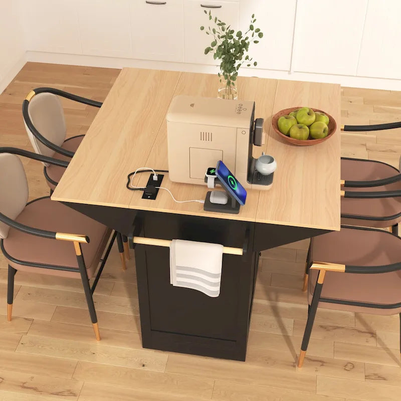 Kitchen Island with 2 Drop Leaf, Rolling Cart on 5 Wheels, Power Outlet, Folding Dining Table, Spice & Towel Rack, 3 Drawers