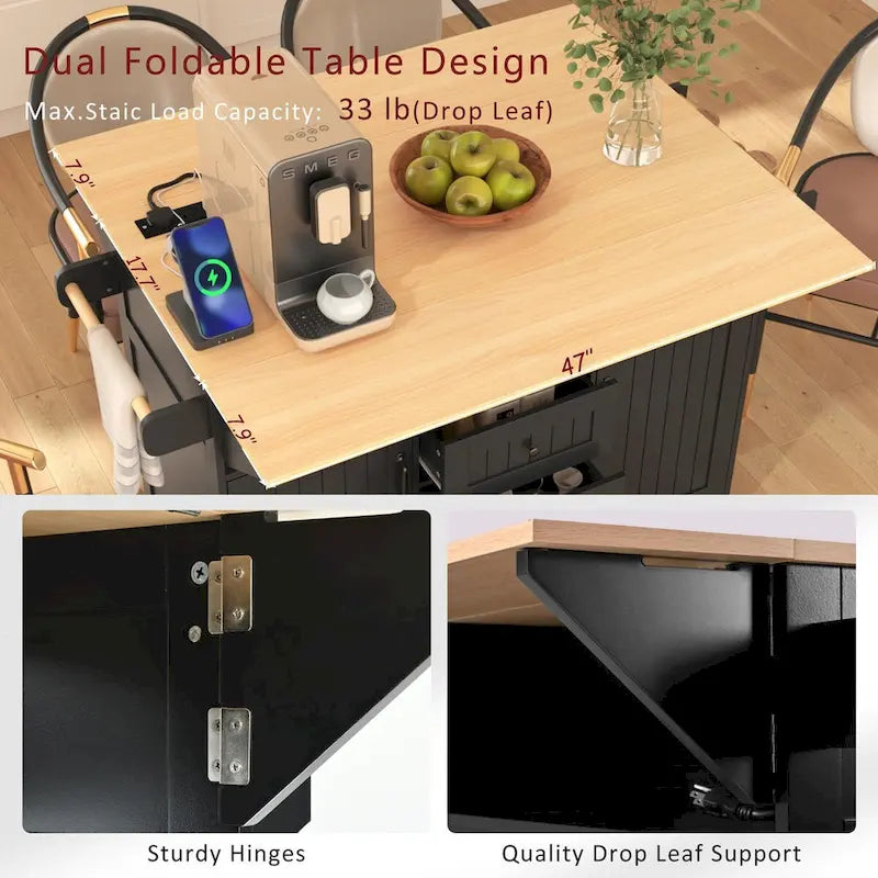 Kitchen Island with 2 Drop Leaf, Rolling Cart on 5 Wheels, Power Outlet, Folding Dining Table, Spice & Towel Rack, 3 Drawers