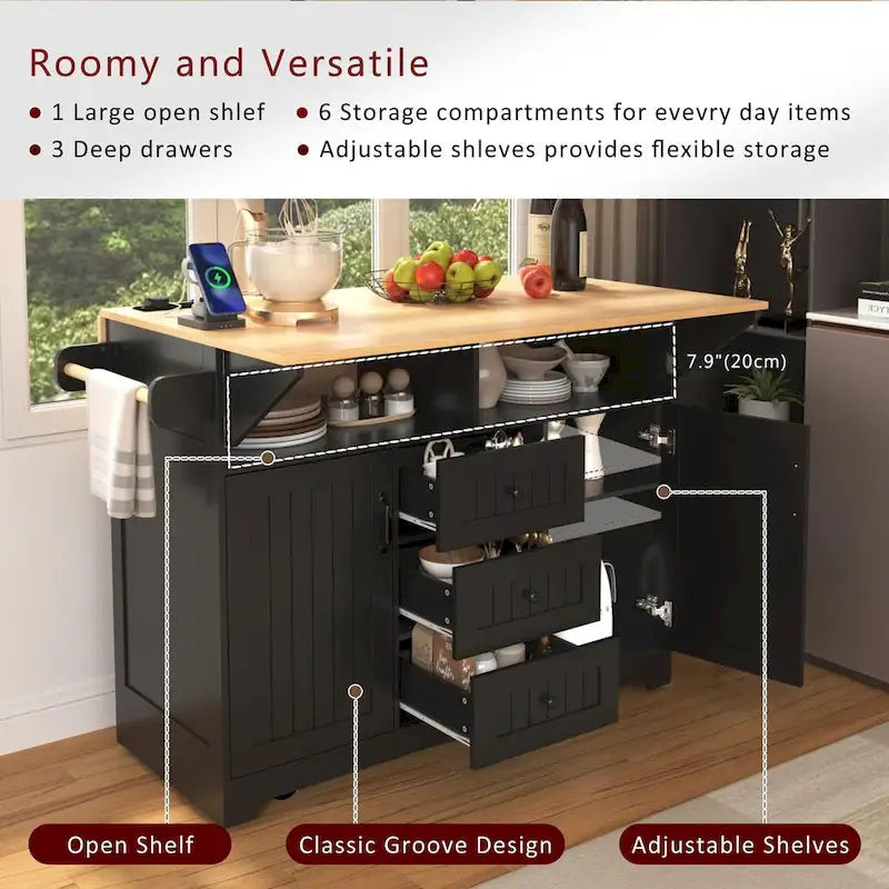 Kitchen Island with 2 Drop Leaf, Rolling Cart on 5 Wheels, Power Outlet, Folding Dining Table, Spice & Towel Rack, 3 Drawers