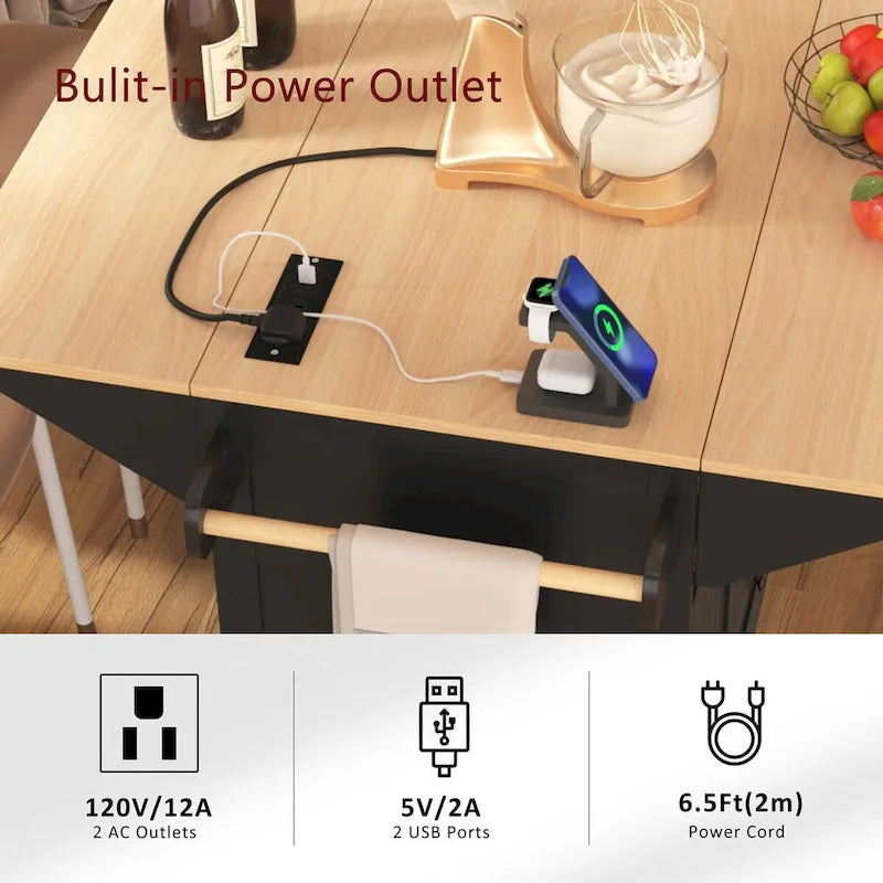 Kitchen Island with 2 Drop Leaf, Rolling Cart on 5 Wheels, Power Outlet, Folding Dining Table, Spice & Towel Rack, 3 Drawers