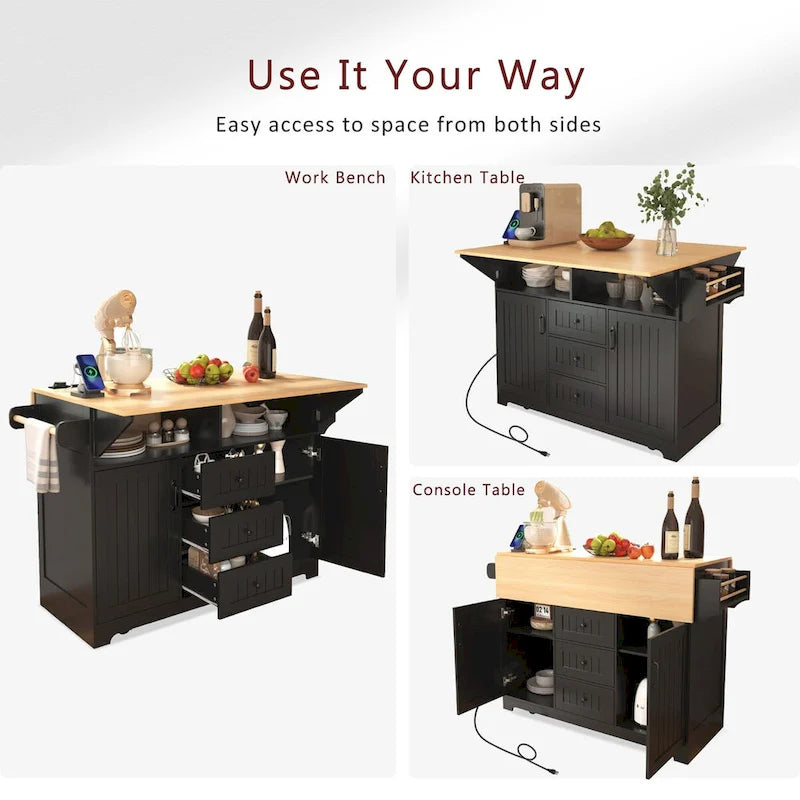 Kitchen Island with 2 Drop Leaf, Rolling Cart on 5 Wheels, Power Outlet, Folding Dining Table, Spice & Towel Rack, 3 Drawers