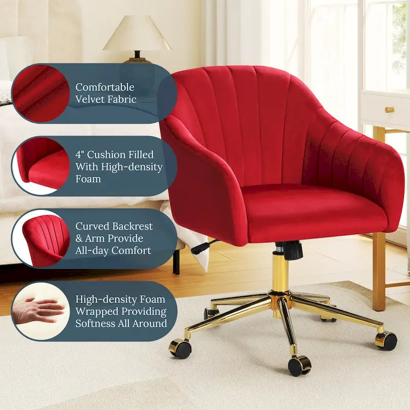 Velvet Tufted Adjustable Height Swivel Office Vanity Chair with Gold Base