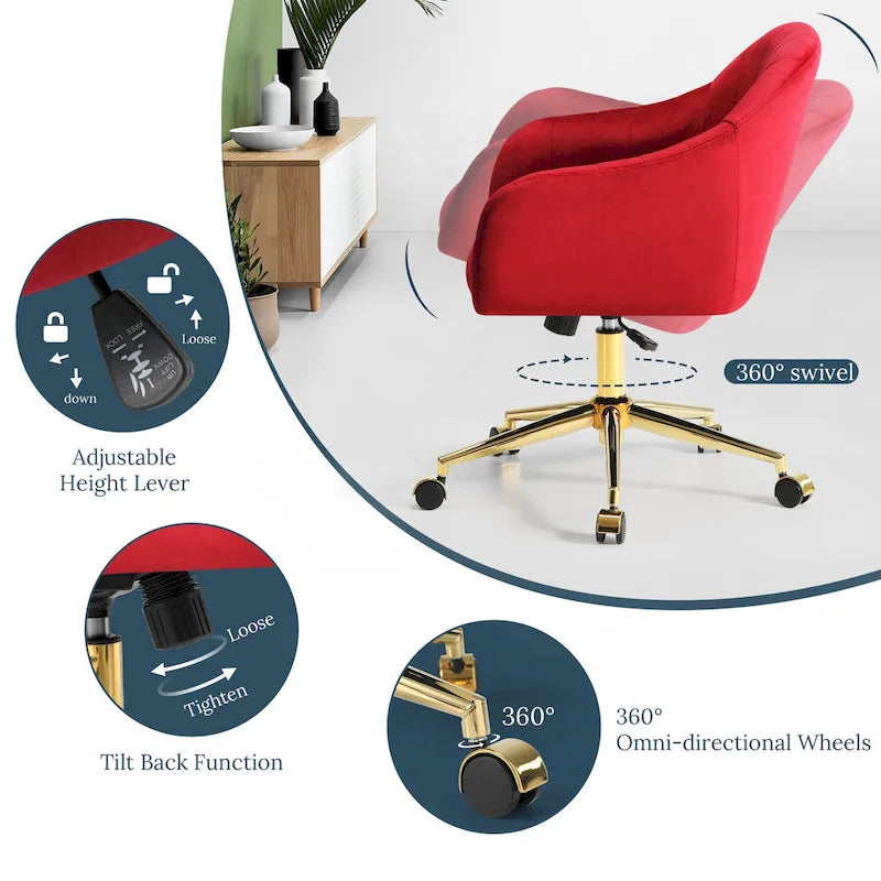 Velvet Tufted Adjustable Height Swivel Office Vanity Chair with Gold Base