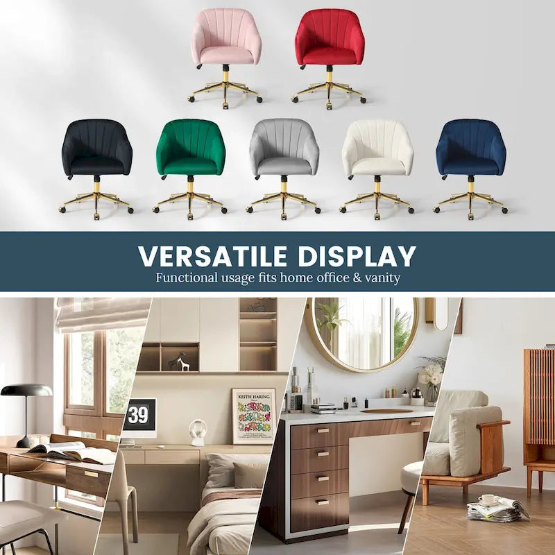 Velvet Tufted Adjustable Height Swivel Office Vanity Chair with Gold Base
