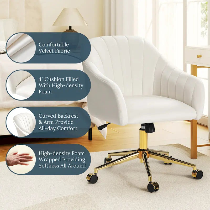 Velvet Tufted Adjustable Height Swivel Office Vanity Chair with Gold Base