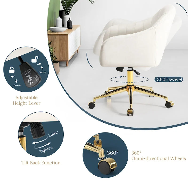 Velvet Tufted Adjustable Height Swivel Office Vanity Chair with Gold Base