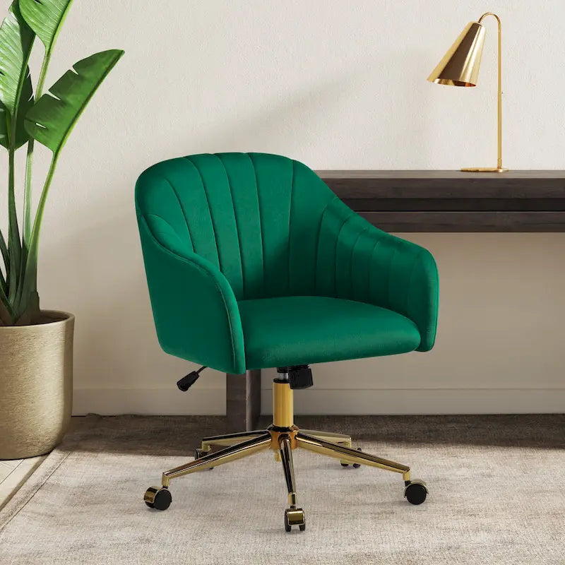 Velvet Tufted Adjustable Height Swivel Office Vanity Chair with Gold Base