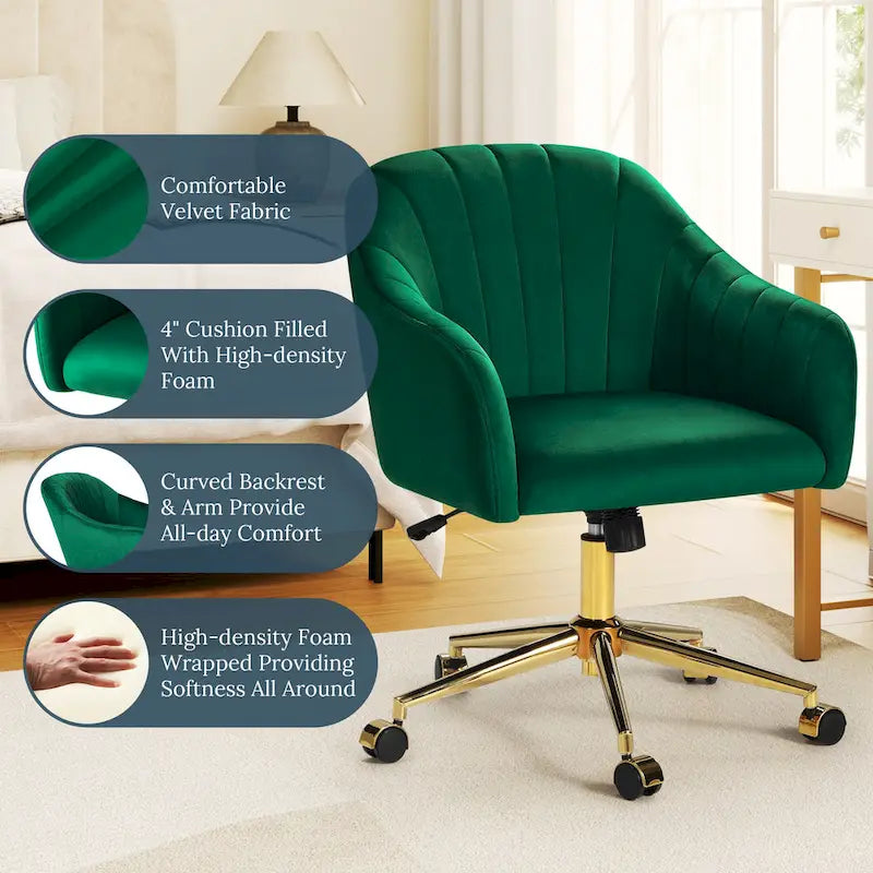 Velvet Tufted Adjustable Height Swivel Office Vanity Chair with Gold Base