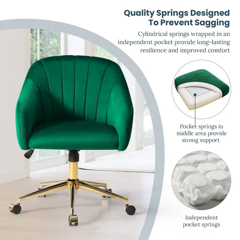 Velvet Tufted Adjustable Height Swivel Office Vanity Chair with Gold Base