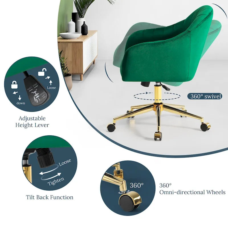 Velvet Tufted Adjustable Height Swivel Office Vanity Chair with Gold Base