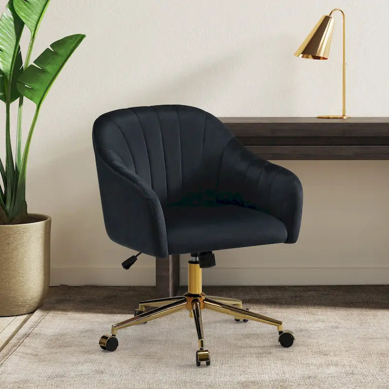 Velvet Tufted Adjustable Height Swivel Office Vanity Chair with Gold Base