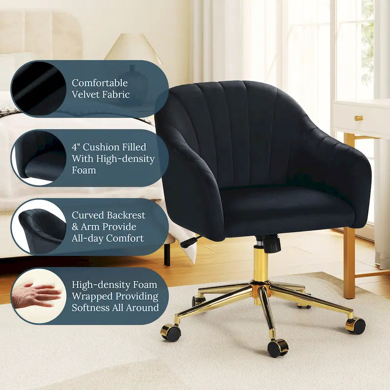 Velvet Tufted Adjustable Height Swivel Office Vanity Chair with Gold Base