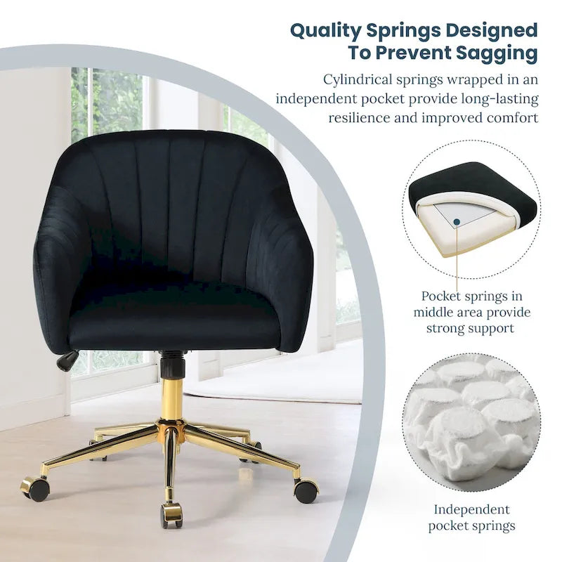 Velvet Tufted Adjustable Height Swivel Office Vanity Chair with Gold Base